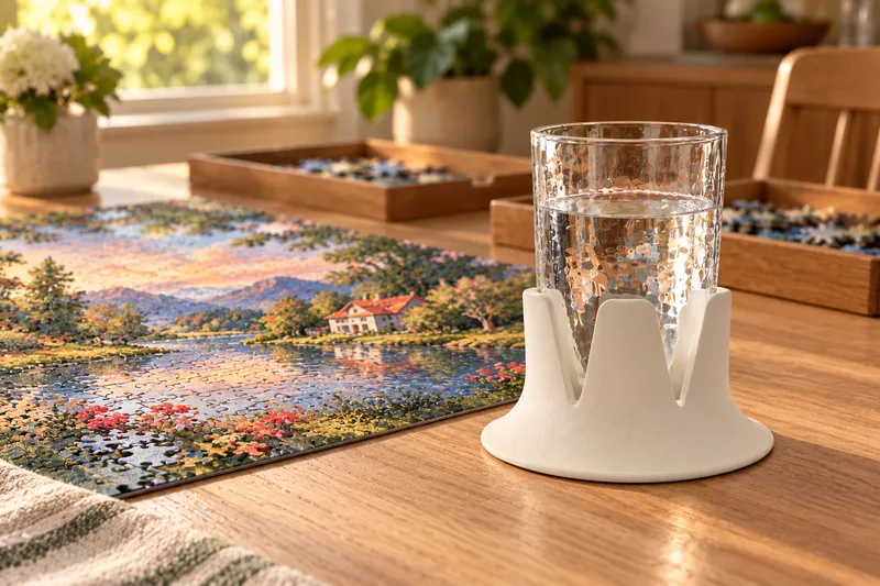 Steadi beside a jigsaw puzzle in a home setting. AI lifestyle illustration.
