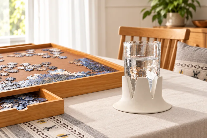 Steadi beside a jigsaw puzzle in a home setting. AI lifestyle illustration.