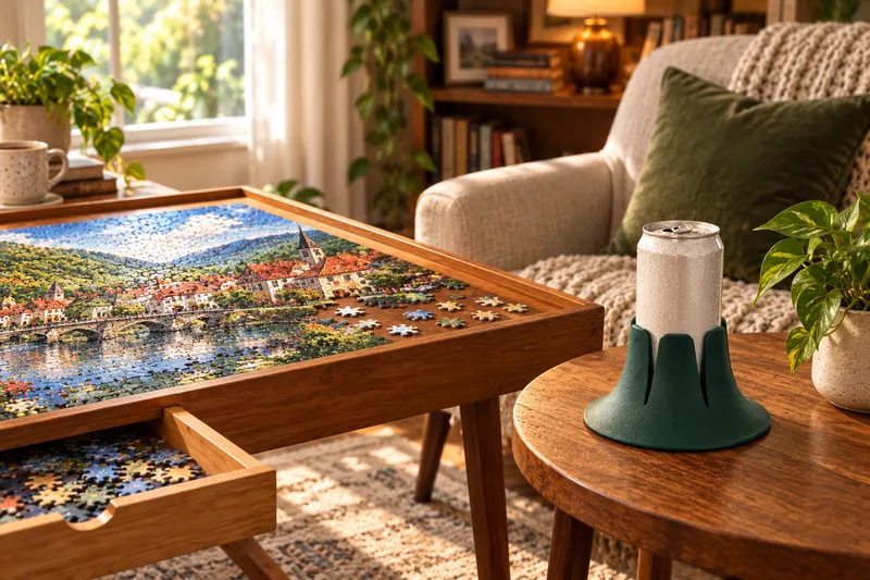 Steadi beside a jigsaw puzzle in a home setting. AI lifestyle illustration.
