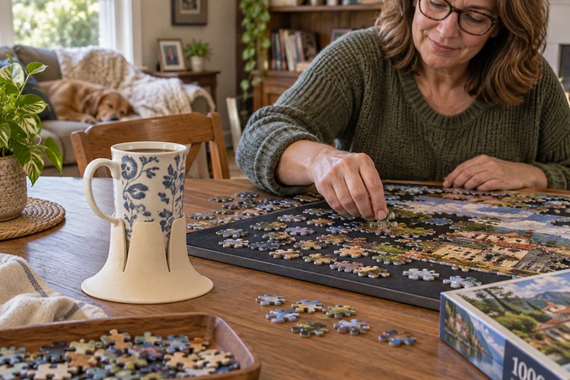 Quiet afternoon completing a detailed jigsaw with open high-handled narrow-based ceramic coffee mug in Steadi on puzzle table at near corner outside the puzzle mat, within seated reach. AI illustration.